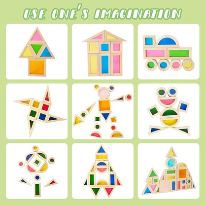 Wood Building Blocks Set for Kids, 32 Pcs Rainbow Stacker Stacking Game Construction Toys Set Preschool Colorful Learning Educational Toys, Geometry Wooden Blocks for Boys Girls