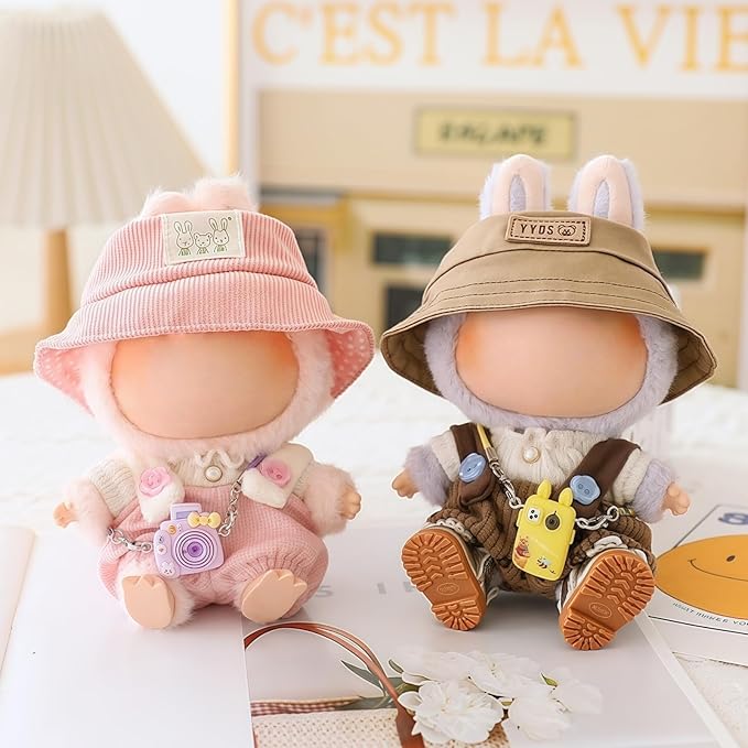 Clothes for Dolls Accessories (No Doll), Cute Outfit Set 5 Pieces Bib Pants for 15 & 17cm Doll Suit, Stylish Dress Up Overalls Doll Clothing Set Replacement with Hat Clothes Shoes Brown