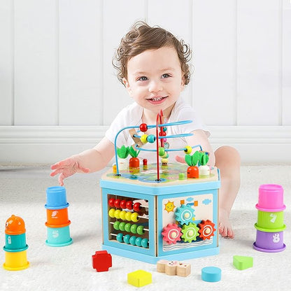 Wooden Activity Cube for 1 Year Old Kids, Educational Learning Bead Maze for Toddler Age 1-3, Developmental Montessori Toys for 12-36 Months Boys Girls Gift