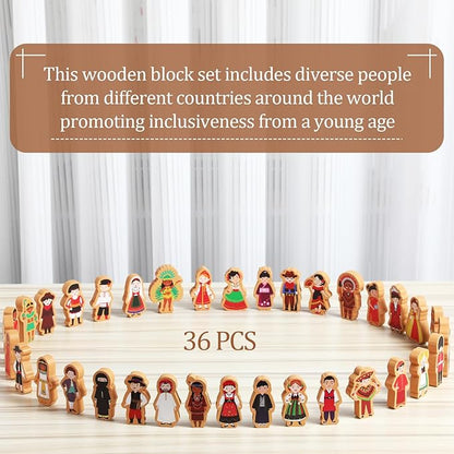 Blosssound 36 Pcs Multicultural Wooden Character Set Small Wooden People Figures Small Diversity Country Couples Wood Blocks for Preschool Classroom Play Games Educational Activity Supplies