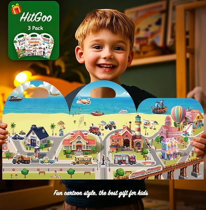 3-Pack Reusable Sticker Books for Toddlers 2-4 Years, Vehicles Truck, Animals & Farm Jelly Activity Stickers for Boys Girls Road Trip Airplane Train Travel Essentials Toy for Kids Birthday Gifts
