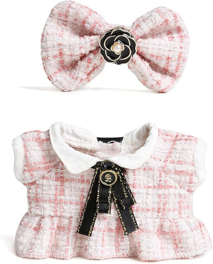 17cm Doll Clothes for Labubu - Luxury Chic Style Set for 17cm Dolls Outfit - Accessories for Dolls Clothes -Pink Plaid Tweed Dress + Black Necktie + Pink Bow (No Doll)