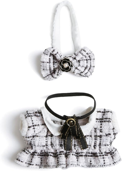 17cm Doll Clothes for Labubu - Luxury Chic Style Set for 17cm Dolls Outfit - Accessories for Dolls Clothes -White Plaid Tweed Dress + Black Necktie + White Bow (No Doll)