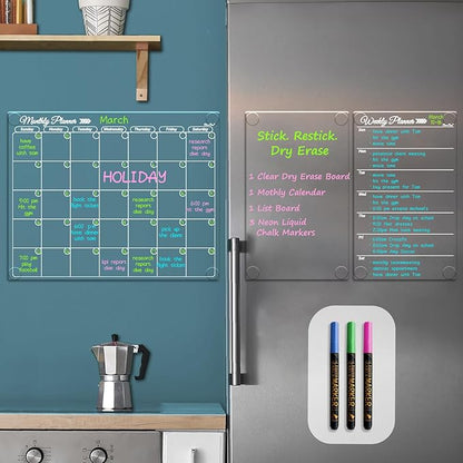 Clear Non-Magnetic Calendar Set for Fridge - Dry Erase Transparent Monthly, Weekly Calendar and Blank Board - Sticks to Wall, Glass, Door, Any Smooth Surfaces