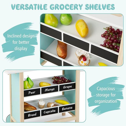 Costzon Kids Pretend Play Grocery Store, Wooden Ice Cream Cart Toy Set for Kids with Ice Cream Making Counter, Scale, Bell, Display Shelves, Black Board, Canopy, Solid Wooden Wheels, Gift for Toddlers