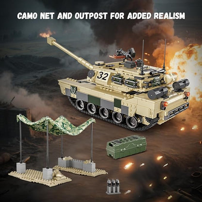 M1 Abrams Heavy Armor Tank Toy Building Set, Military Model Kit with Camouflaged Outpost, Building Blocks for Kids 14+ & Adults, Compatible with Lego Sets (1206 PCS)