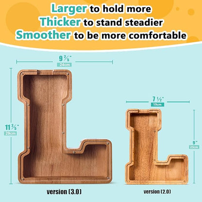 Summidate Customized Name Extra Large Wooden Piggy Bank for Kids Boys Girls Alphabets Letter A-Z Coins Bills Money Change Saving Box Clear Cover (Laser Engraved) Educational Toys 12"- Letter L