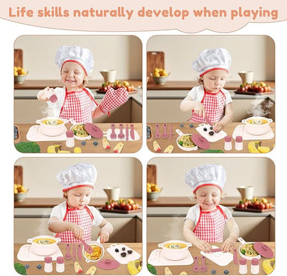 TYRY.HU Play Kitchen Accessories, 11Pcs BPA Free Silicone Pretend Play Food Sets, Play Kitchen Set,Play Kitchen Cooking Utensils Pots & Pans, Pretend Role Play Cooking Toys Gifts for Toddlers 1-3,Pink