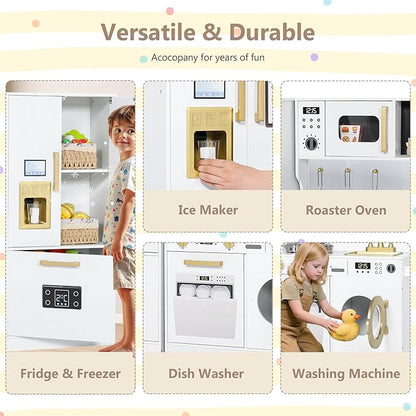 Kinder King Wooden Kids Play Kitchen, Toy Kitchen Playset for Toddler, Play Kitchen Set w/Transparent Coloring Board, Pretend Fridge, Washing Machine, Ice Maker, Gift for Boys Girls Age 3+, White