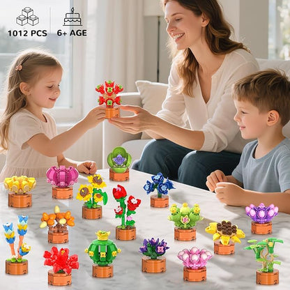 24 Pack Flowers Succulents Party Favors for Kids Building Set - 1012 PCS Botanical Bonsai 3.6MM Mini Building Blocks Toy for Classroom Prizes Easter Basket Stuffers Birthday Gift for Girl Boy Ages 6+