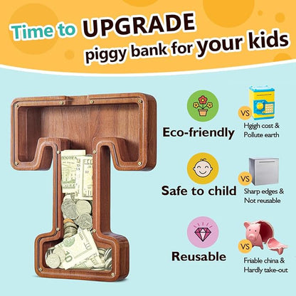 Summidate Customized Name Extra Large Wooden Piggy Bank for Kids Boys Girls Alphabets Letter A-Z Coins Bills Money Change Saving Box Clear Cover (Laser Engraved) Educational Toys 12"- Letter T