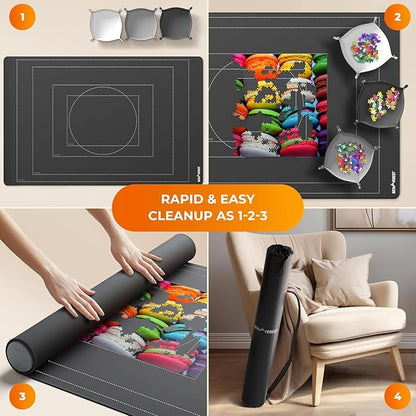 Newverest Jigsaw Puzzle Mat Roll Up, Saver Pad 55” x 35.5” Portable Keeper Up to 3000 Pieces with Non-Slip Rubber Bottom and Polyester Top + 3 Puzzle Sorting Trays, Travel-Friendly Storage Bag