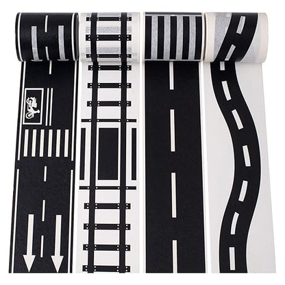 YUBX Highway Washi Tape Set 4 Rolls Black & White Decorative Masking Tapes for Arts, DIY Crafts, Journals, Planners, Scrapbook, Wrapping 50mm x 5m (2" x 16')