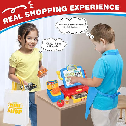 Cash Register Toy for Kids with Real Calculator, Cashier Register with Scanner/Weighter/Credit Card/ Play Money/ Food/Microphone, Pretend Play Store with Apron and Shopping Bag for Kids 3 4 5 6 7