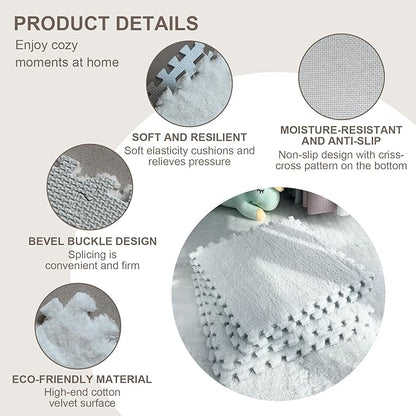 16pcs 0.6" Thickened Interlocking Tile Mats,Fluffy Shaggy Soft EVA Foam Area Rug for Living Room & Bedroom,Non-Slip Protective Floor Carpet Play Mat Kids Baby Dorm Home Decor (11.8ft, White)