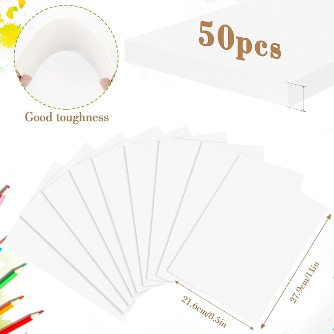 50PCS 8.5x11 Watercolor Paper Bulk, 140lb/300g Cold Press Thick Water Color Paper Pad for Kid Child Adult, White Art Paper for Drawing Painting Markers Gouache, Textured Cotton Paper Sheets