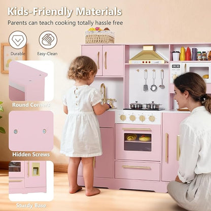 Kinder King Wooden Kids Play Kitchen, Toy Kitchen Playset for Toddler, Play Kitchen Set w/Real Sounds, Pretend Coffee Machine, Kitchen Hood, Sink, Ice Maker, Gift for Boys Girls Age 3+, Pink
