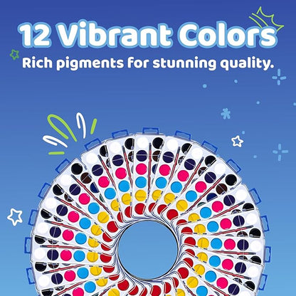 Pack of 24 Watercolor Paint - 12 Washable Paint Palettes (2oz/each) - Water Color Paint Sets for Kids - Ideal for Art Projects, School, Classrooms, and Home - Vibrant Colors and Easy Clean-Up