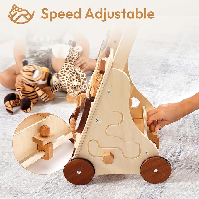 Woodtoe Wooden Baby Walker, Adjustable Speed Push Walker, Montessori Walker for Boys and Girls, Baby Activity Center, Sit to Stand, Toddler Push Toys for Babies 9-12 Months, 1 2 3 Year Old