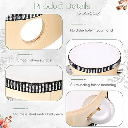 24 Set Tambourine for Adults Wooden Hand Held Drum with Metal Jingles, Gift Tags, White I Love You Printed Ribbon Percussion Gift Musical Instrument for Church Wedding Party Favor (8 Inch)