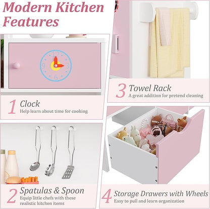 Keyluv Wooden Play Kitchen for Kids and Toddler, Montessori Toy Kitchen Playset with Plenty of Pretend Play Features and Storage Drawers, Gift for Boys and Girls, Pink