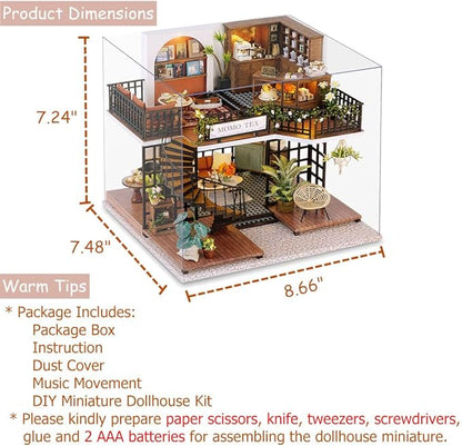 TuKIIE DIY Miniature Dollhouse Furniture Kit, 1:24 Scale Creative Room Wooden Doll House Accessories Plus Dust Proof & Music Movement for Kids Teens Adults(Forest Teashop)
