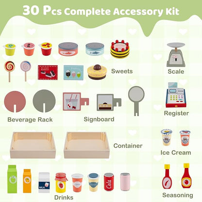 HONEY JOY Kids Food Cart, 30-Piece Toddler Pretend Play Grocery Store Playset w/Cash Register & Scale, Wooden Dessert Shop Play Market, Children Beverage Stand Cart w/Wheels, Gift for Boys Girls