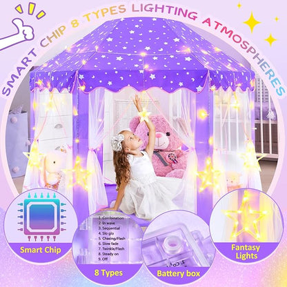 EVOIONOS Purple Princess Tent for Girls, Kids Play Tent with Large Star Lights, Castle Playhouse for Children Indoor Outdoor Games, 55 x 53 inches