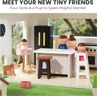 Tiny Land Doll House, Modern Family Dollhouse with Realistic Design, Wooden Dollhouse with 53Pcs Furniture - Ideal Gift for Kids Ages 3+