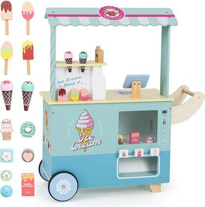 Costzon Ice Cream Cart, Wooden Grocery Store w/Vending Machine, Play Food, Display Rack & Shelves, Swivel Wheels, Push Handle, Ice Cream Truck, Market Stand Pretend Playset for Kids Ages 3+ (Green)