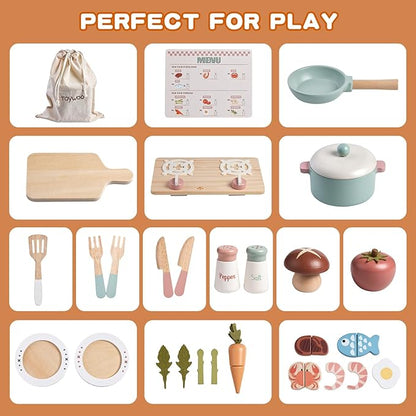 Wooden Play Kitchen Accessories Pretend Toy Pots and Pans Sets for Kids Kitchen Playset with Toy Stove Toddler Cooking Sets Food Toys for Toddlers 3-5 Gifts for Girls Boys (Wooden Cooking Set)