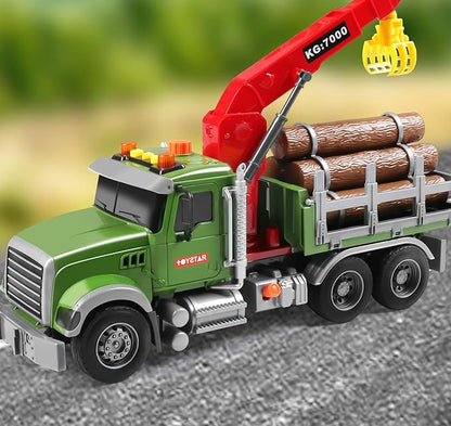 Dwi Dowellin Kids Toys for 3 4 5 6 7 Years Old Boys,15" Large Timber Truck with Loading Crane and 6 Trunks,Birthday Gifts for Boy Toddler Child