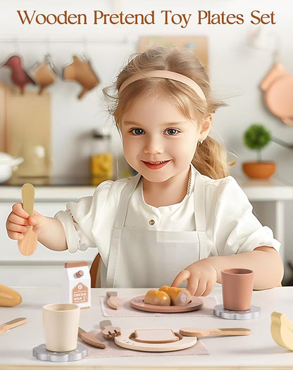 ROBOTIME Play Kitchen Dishes Set, 29PCS Wooden Toddler Plates and Dishes for Boys Girls Gifts