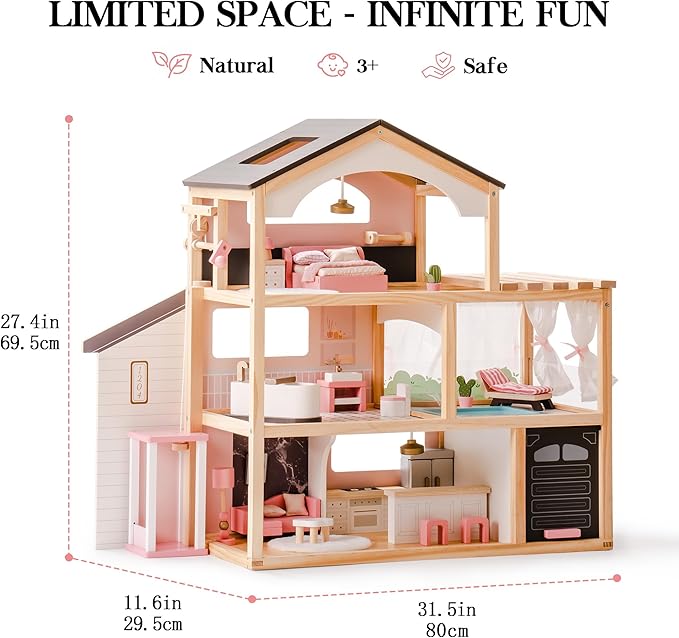 ROBOTIME Wooden Dollhouse, Doll House with 29 Pieces Furniture Set - Pool and Elevator, Wooden Doll House for 4, 5, 6-Inch Dolls, 6 Rooms Pink Dollhouse Gift for Kids Girls Ages 3+ (Black)