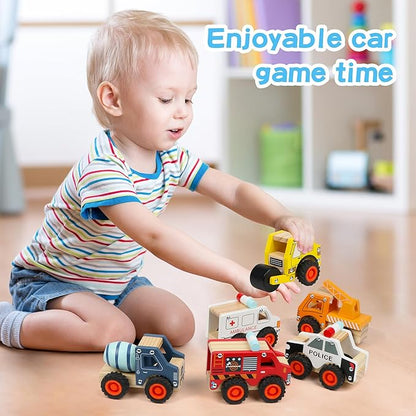 6Pcs Wooden Cars for Toddlers 1-3, Push and Go Vehicles, Kid Toys, Hand Push Cars for 1+ Year Old, Montessori