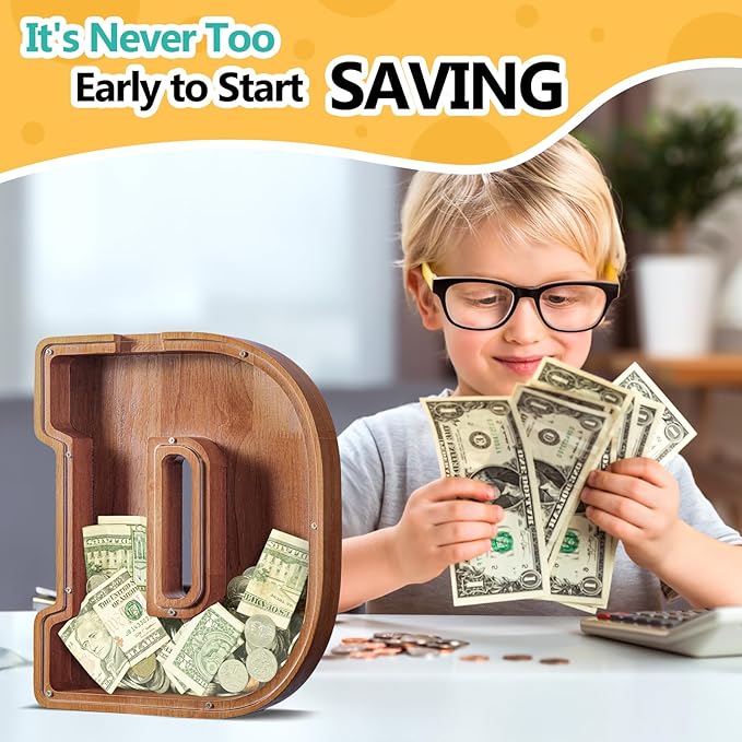 Summidate Customized Name Extra Large Wooden Piggy Bank for Kids Boys Girls Alphabets Letter A-Z Coins Bills Money Change Saving Box Clear Cover (Laser Engraved) Educational Toys 12"- Letter D