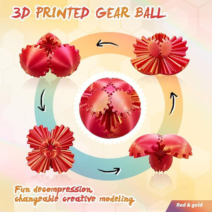 Gear Ball-3D Printed Gear Sphere,3D Printed Spin Ball Cube Fidget Toy,The Steampunk Whirling Wonder Fidget Ball Toy(Red Gold)
