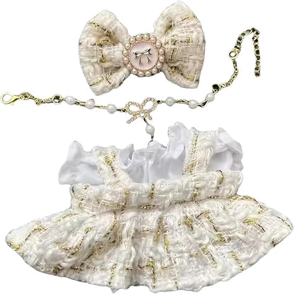 Luxury Chic Doll Clothes Set with Elegant Dress, Shirt, Bow & Necklace - Premium Outfit for Dress Up, Collecting & Gift Giving - Perfect for Kids, Doll Collectors & 18 Dolls (Gold)