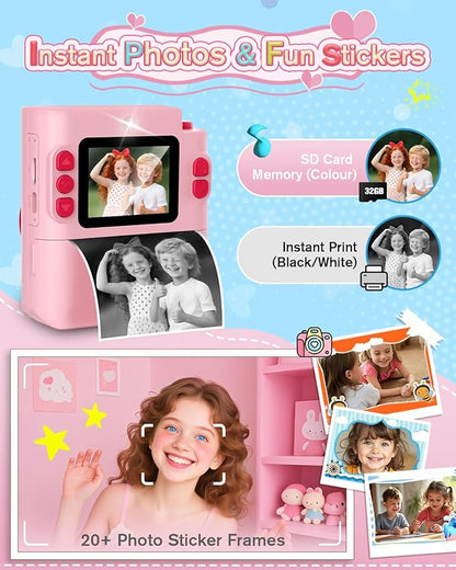 Instant Print Camera for Kids - 1080P HD Toddler Digital Camera for 3 4 5 6 7 8 9 10 Year Old Girls Boys, Christmas Birthday Gift with 32GB SD Card, Selfie Mode, Portable Travel Toy, Fun Filters- Pink