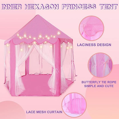 Kid's Play Tent, Ceither Princess Castle Girls Playhouse with Star Lights, 55" x 53" (L x H) Pink Princess Tent Indoor Outdoor for Imagination Interactive Play