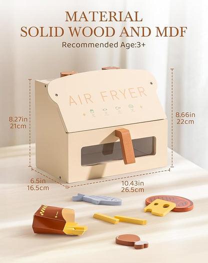 ROBOTIME Wooden Toy Air Fryer for Kids, Play Kitchen Accessories, Wooden Kitchen Play Food Set, Pretend Cooking Toys for Toddlers Kitchen Set, Role Play Gift for Boys & Girls