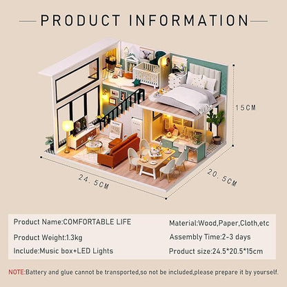 CUTEROOM DIY Miniature Dollhouse Kit with Furniture,Wooden Doll House with Music Movement & LED Lights, DIY House Kit Christmas Birthday Gifts - Comfortable Life
