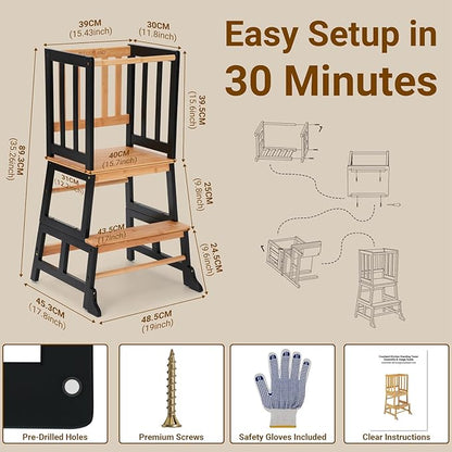COSYLAND Kids Kitchen Step Stool Helper - Wooden Standing Tower for Kids with Anti-Tip Support Legs - Mothers' Helper Kids Learning Stool for Kitchen Counter (Black & Natural)