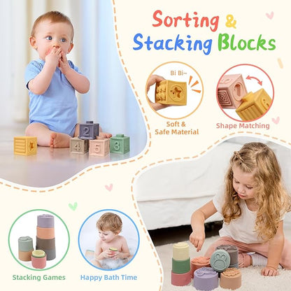 6 in 1 Baby Toys 0-6 Months, Montessori Toys for 6-12 Months, Infant Sensory Pull String Toy, Fidget Spinners Soft Buliding Blocks & Stacking Cups for Toddlers 1-3, Baby Gifts for Boys Girls