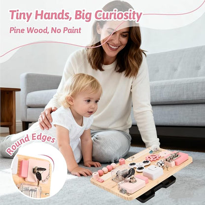 Potatomato Pink Montessori Wooden Busy Board – Sensory Fine Motor Skill Toy for Toddlers – Educational Activity Board for Kids – Travel Fidget Toy for Girls & Boys – Birthday Gift for Autism & ADHD