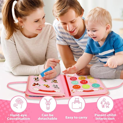 MAJAVI Busy Board Montessori Toys for 1 2 3 4 Year Old, Busy Book Sensory Toy for Toddlers Learning Fine Motor Skills, Educational Activities Airplane Car Travel Toy for Baby Boys Girls, Pink