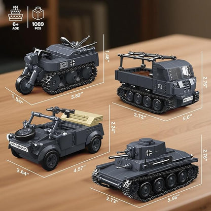 4 IN 1 WW2 Army Tanks Toy Building Block Set(1089 Pcs),Compatible with Lego,Create German 38T-A Light Tank&3 German Style Small Military Vehicles Models Great Military Toy Gift for Boy Age 6+ Year Old