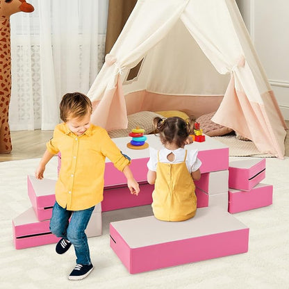 Costzon Climb and Crawl Foam Set, 4-in-1 Convertible Furniture Into Toddler Bed, Sofa, Table, Activity Play Blocks, 8-Piece Lightweight Colorful Interactive Set for Baby and Preschooler (Pink)