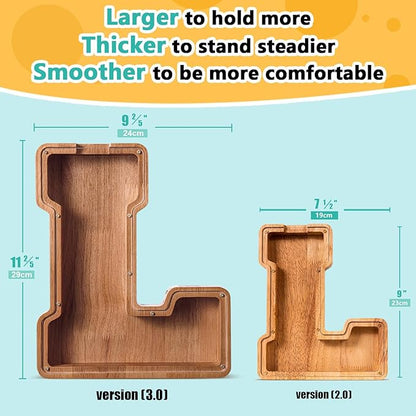Summidate Large Wooden Piggy Bank for Kids Adults, Alphabets Letter A-Z Piggy Bank for Boys Girls, Coins Bills Change Bank Box Personalized Initial Name Kids Money Bank for Birthday Present and Decor