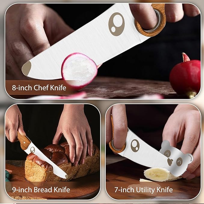 Kids Knife Set for Real Cooking with Educational Ring & Serrated Blade Edge & Panda Finger Guard 4-Pieces, Kids Chef Knife Set with Rosewood Handle Stainless Steel Blade For Starter Cutting Learning